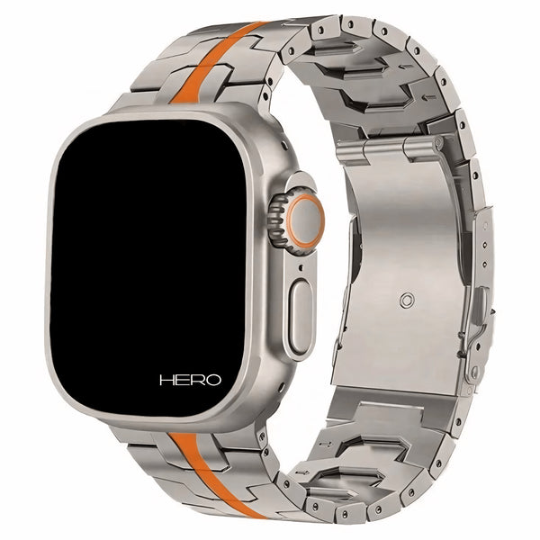 Premium Titan Armband Hero mit Sicherheitsschließe für alle Apple Watch Serien (Titan|Orange)